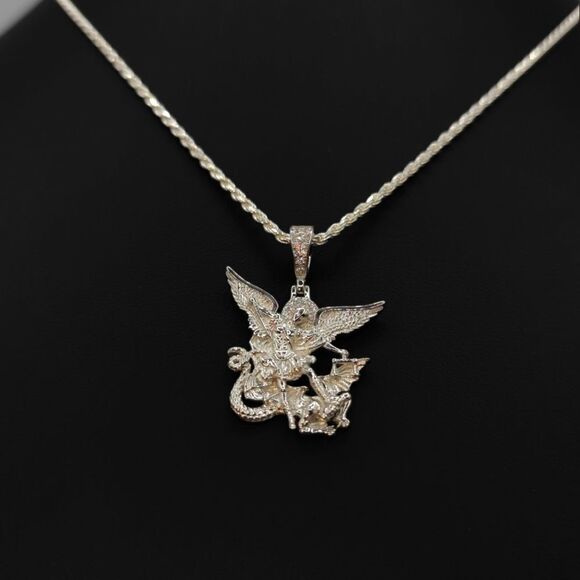 S925 Rhodium Finish St. Michael Angel - S925 Sterling Silver Rope Chain. - Picture 5 of 12